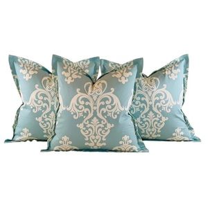 3 Pc Set Designer Vicki Payne Free Spirit Aqua Cream Damask Scroll Pillow Covers